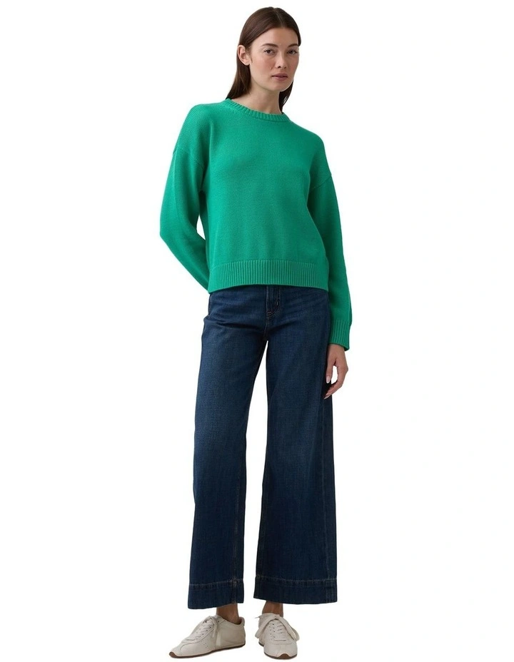 Relaxed Cotton Crewneck Sweater in Green image 3