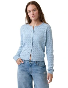 Cotton Pointelle Crop Cardigan in Blue