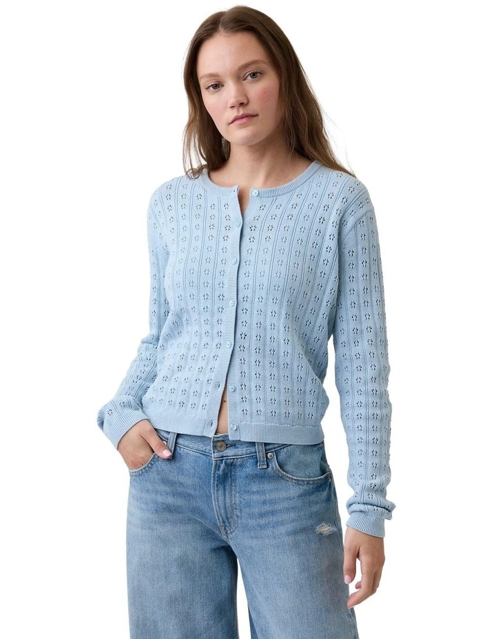 Cotton Pointelle Crop Cardigan in Blue image 1