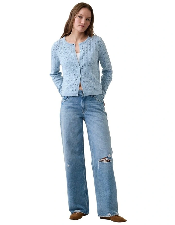 Cotton Pointelle Crop Cardigan in Blue image 3