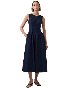 Sleeveless Dropwaist Denim Dress in Dark Wash