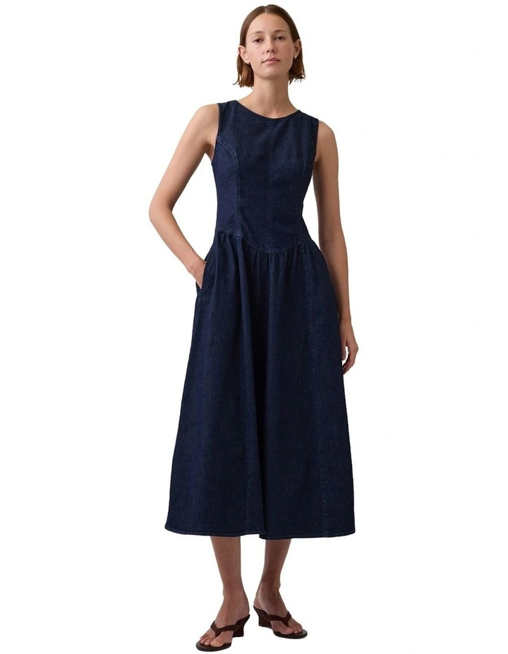 Sleeveless Dropwaist Denim Dress in Dark Wash image 1