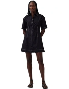 Poplin Mini Shirtdress in True Black