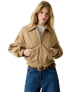 Faux Suede Bomber Jacket in Brown