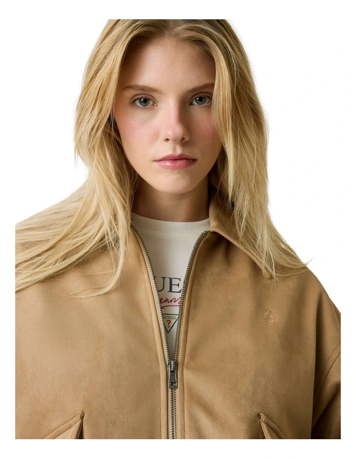 Faux Suede Bomber Jacket in Brown image 2