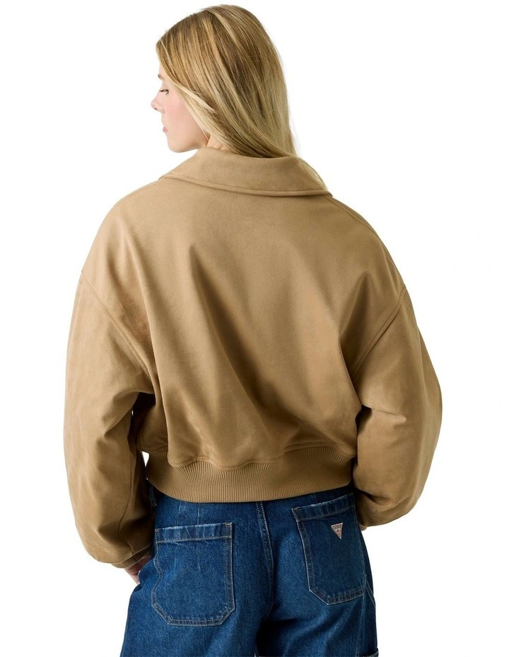 Faux Suede Bomber Jacket in Brown image 4