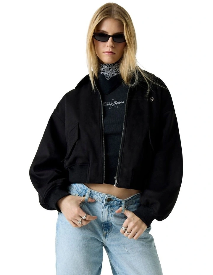 Faux Suede Bomber Jacket in Black image 1