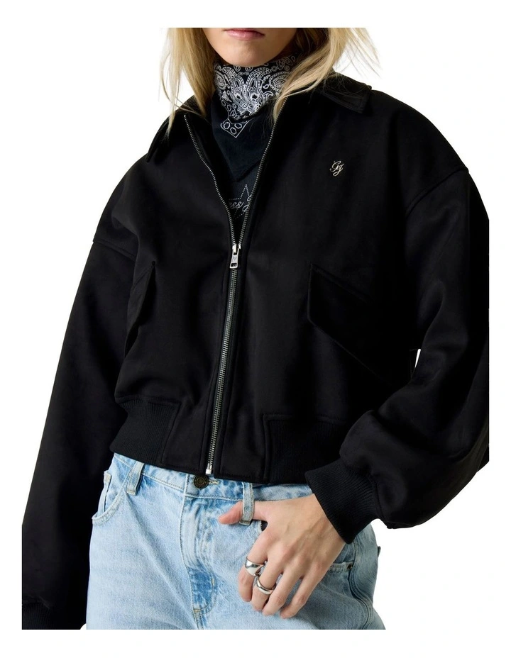 Faux Suede Bomber Jacket in Black image 4