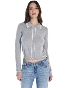 Long Sleeve Polo Embroidered Sweater in Grey