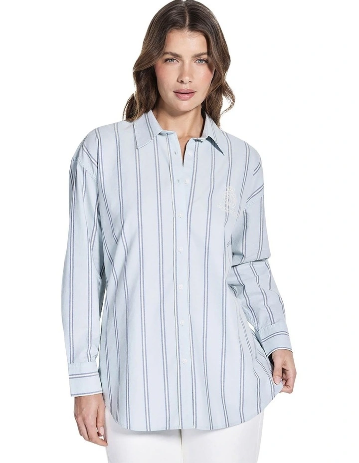 Long Sleeve Oversized Shirt with Embroidery in Blue image 2