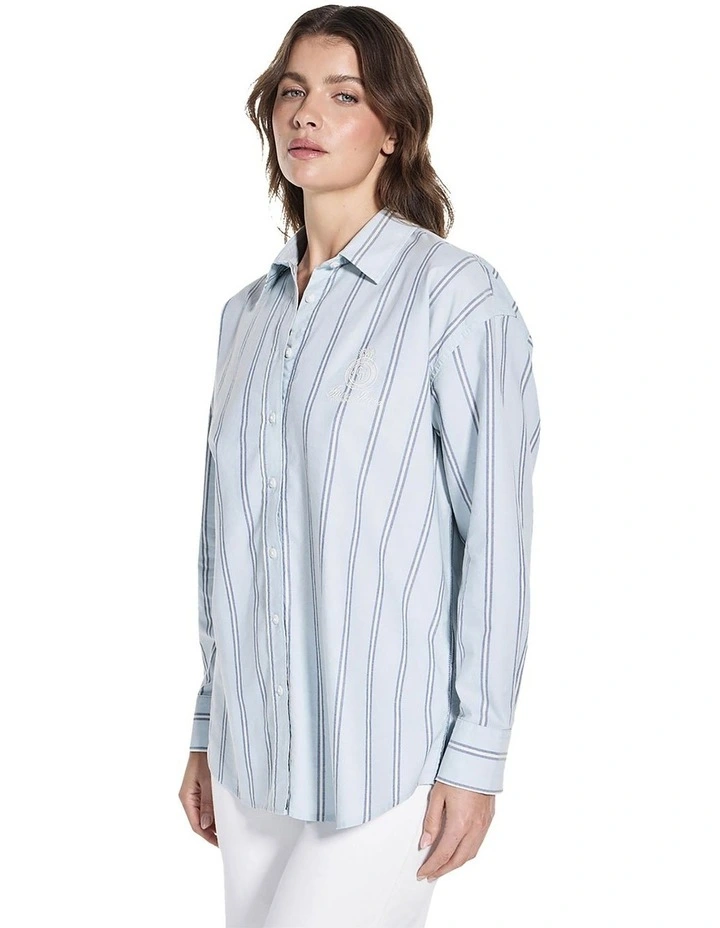 Long Sleeve Oversized Shirt with Embroidery in Blue image 3