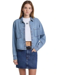 Cropped Long Sleeve Denim Shirt W5YH0DD5M86 in Blue