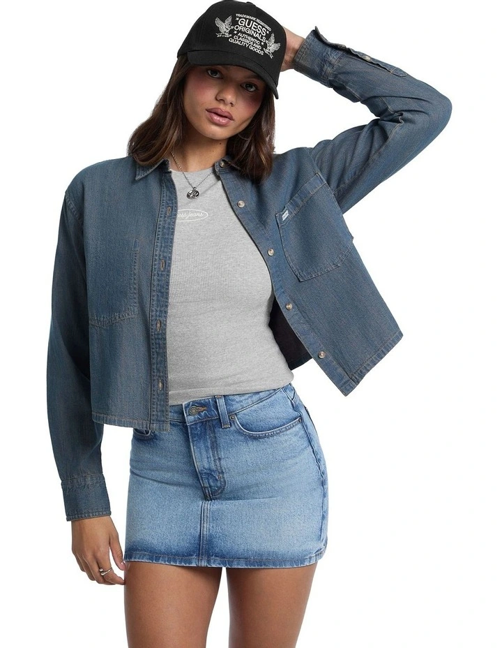 Cropped Long Sleeve Denim Shirt W5BH0DD5M8E in Blue image 1