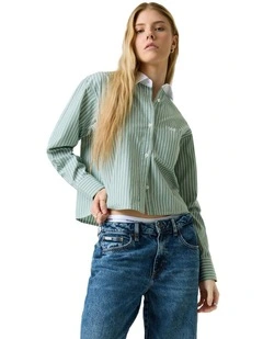 Cropped Woven Shirt in Salvia Green And White