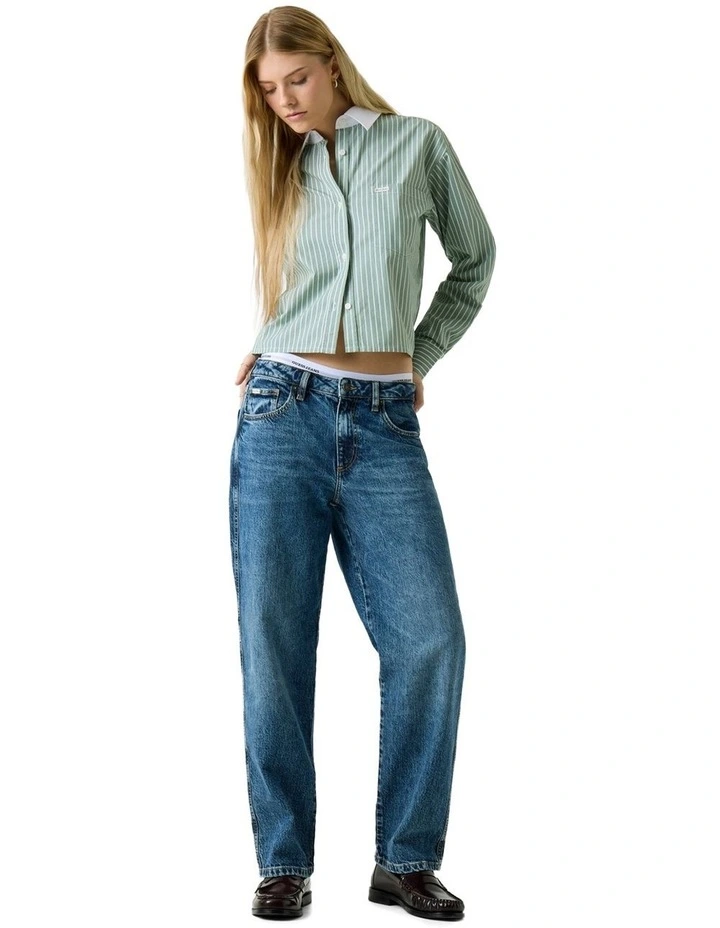 Cropped Woven Shirt in Salvia Green And White image 2