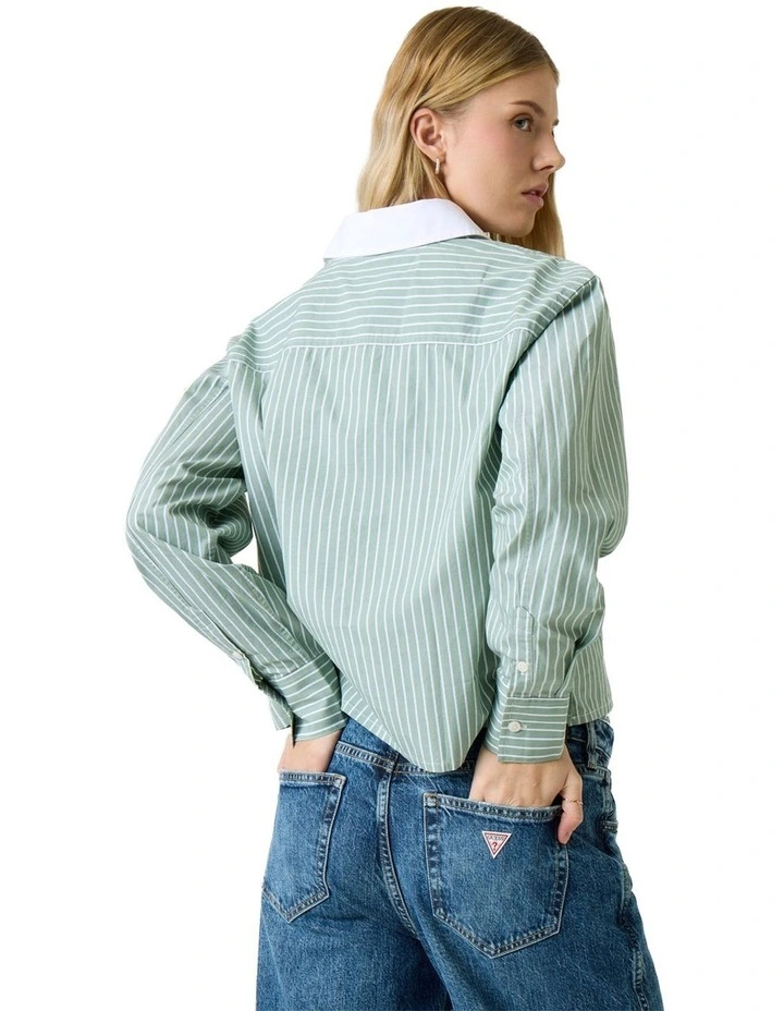 Cropped Woven Shirt in Salvia Green And White image 3