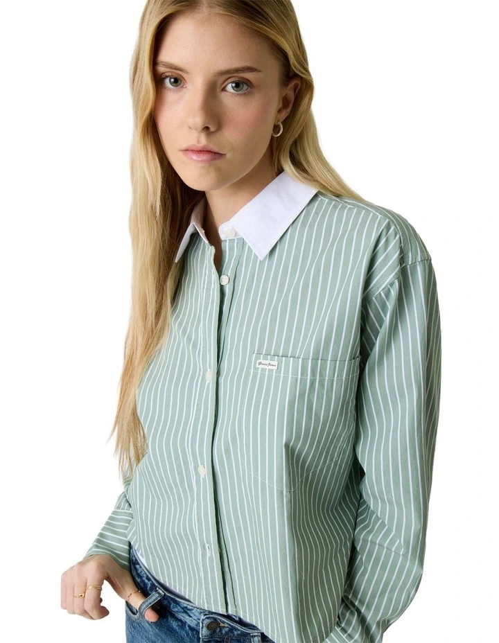 Cropped Woven Shirt in Salvia Green And White image 4