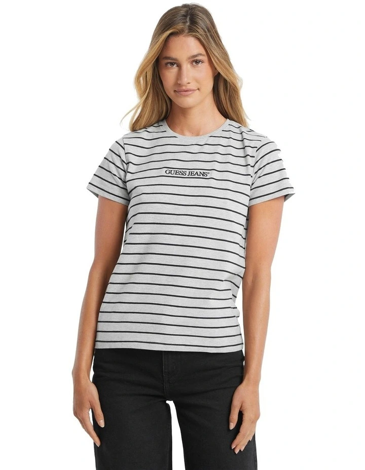 Short Sleeve Crew Neck Reg Yd Striped Tee in Grey image 1