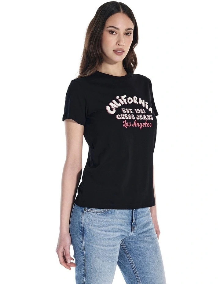 Short Sleeve Crew Neck Reg Collegiate Printed Tee in Black image 3