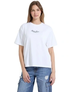 Short Sleeve Crewneck Oversized Embroidered Script Tee in Pure White