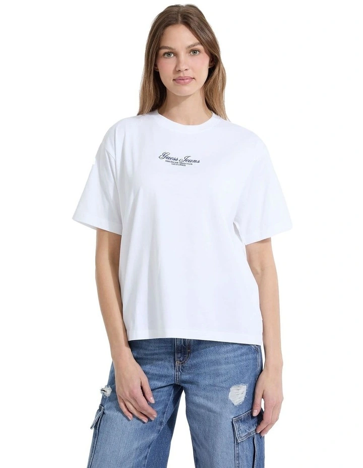 Short Sleeve Crewneck Oversized Embroidered Script Tee in Pure White image 1
