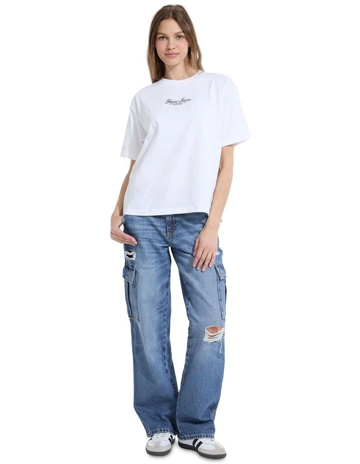 Short Sleeve Crewneck Oversized Embroidered Script Tee in Pure White image 2