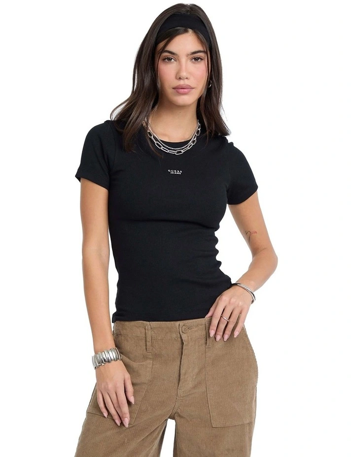 Short Sleeve Crew Neck Embroidered Slim Top W5BP45KA0H1 in Black image 1