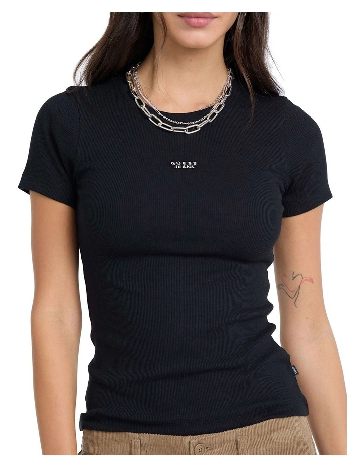 Short Sleeve Crew Neck Embroidered Slim Top W5BP45KA0H1 in Black image 3