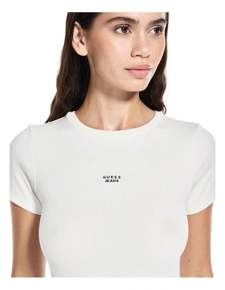 Short Sleeve Embroidered Slim Top in Cream image 2