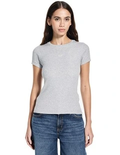 Short Sleeve Embroidered Slim Top in Grey