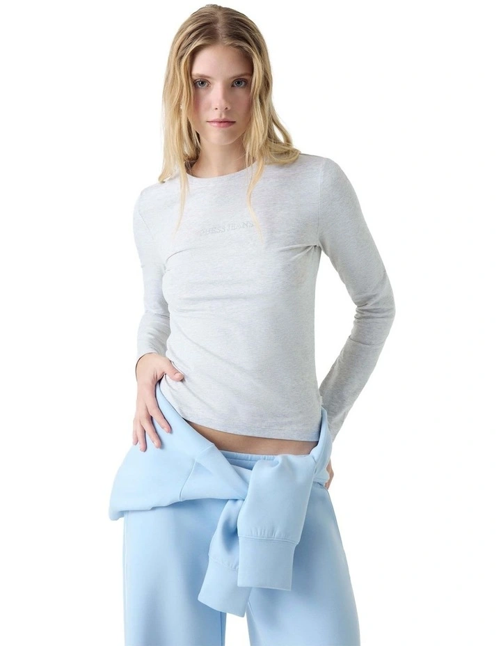 Long Sleeve Crew Neck Slim Logo Embroidered Tee in Gj Lt Grey Heather image 1