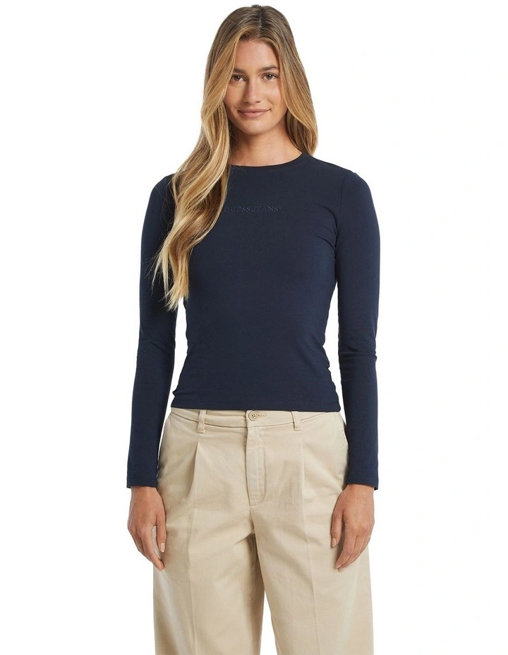 Long Sleeve Slim Logo Embroidered Tee in Daring Ocean image 1