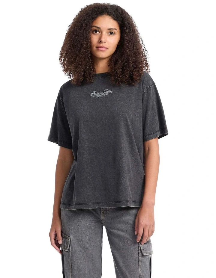 Short Sleeve Crewneck Oversized Embroidered Script Tee in Jet Black image 1