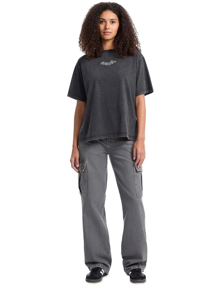 Short Sleeve Crewneck Oversized Embroidered Script Tee in Jet Black image 2