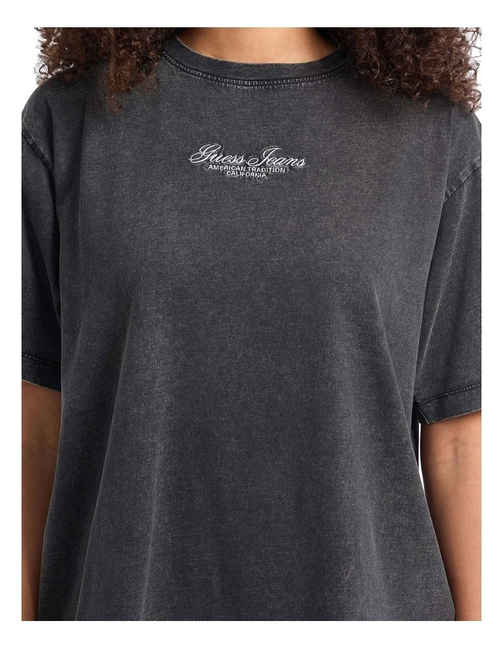Short Sleeve Crewneck Oversized Embroidered Script Tee in Jet Black image 4