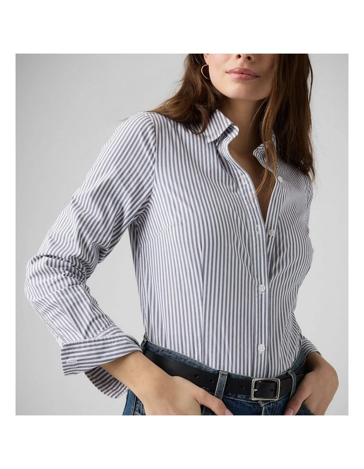Slim Poplin Shirt in Hadley Stripe Vintage Indigo image 4