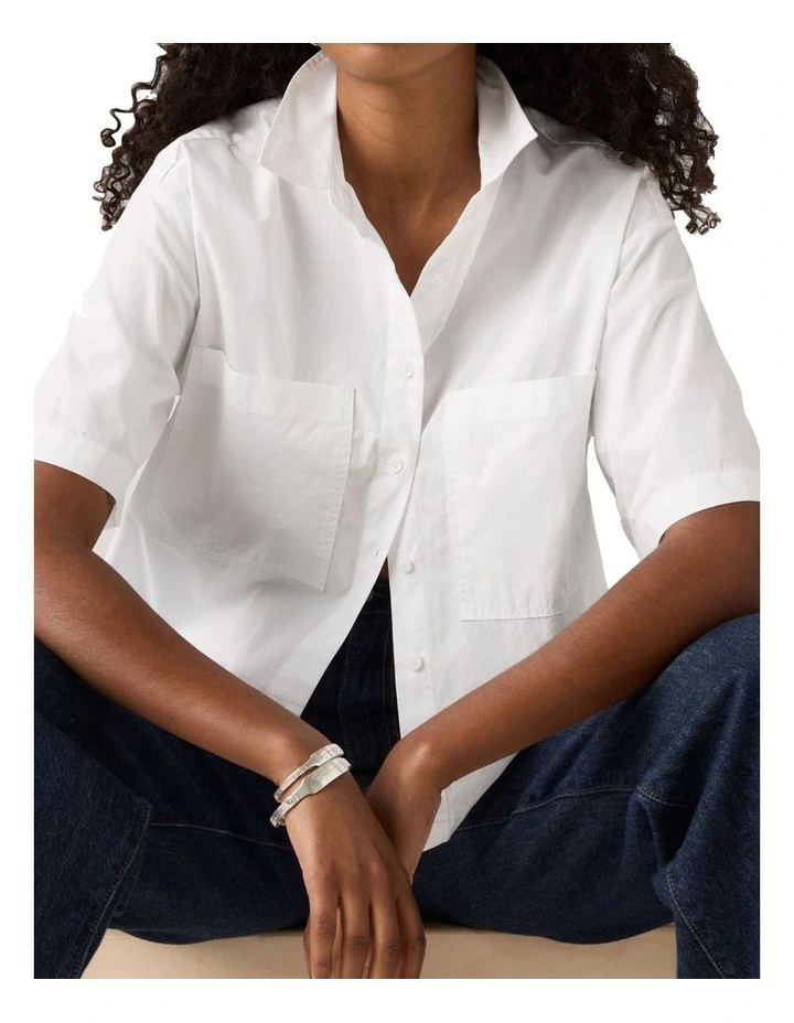 Harlie Short-Sleeve Cropped Shirt in Bright White image 3