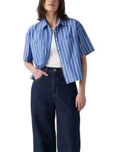 Harlie Short-Sleeve Cropped Shirt in Double Dutch Stripe Nautical Blue
