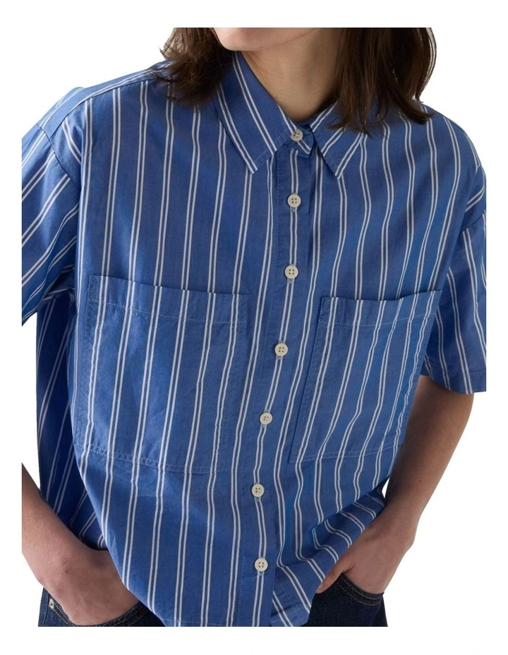 Harlie Short-Sleeve Cropped Shirt in Double Dutch Stripe Nautical Blue image 4