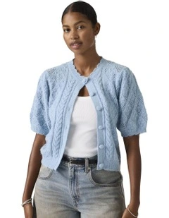 Pauline Pointelle Short-Sleeve Cardigan in Glacier Lake