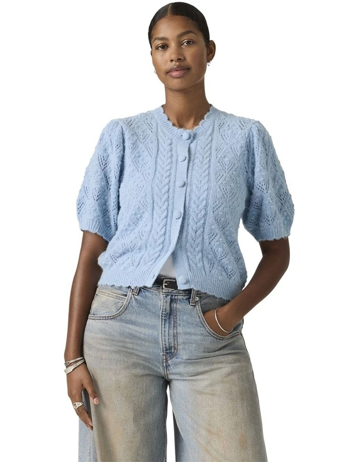 Pauline Pointelle Short-Sleeve Cardigan in Glacier Lake image 3