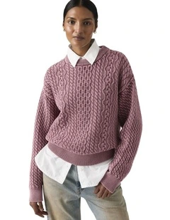 Leilah Cable Crewneck Sweater in Washed Crushed Berry