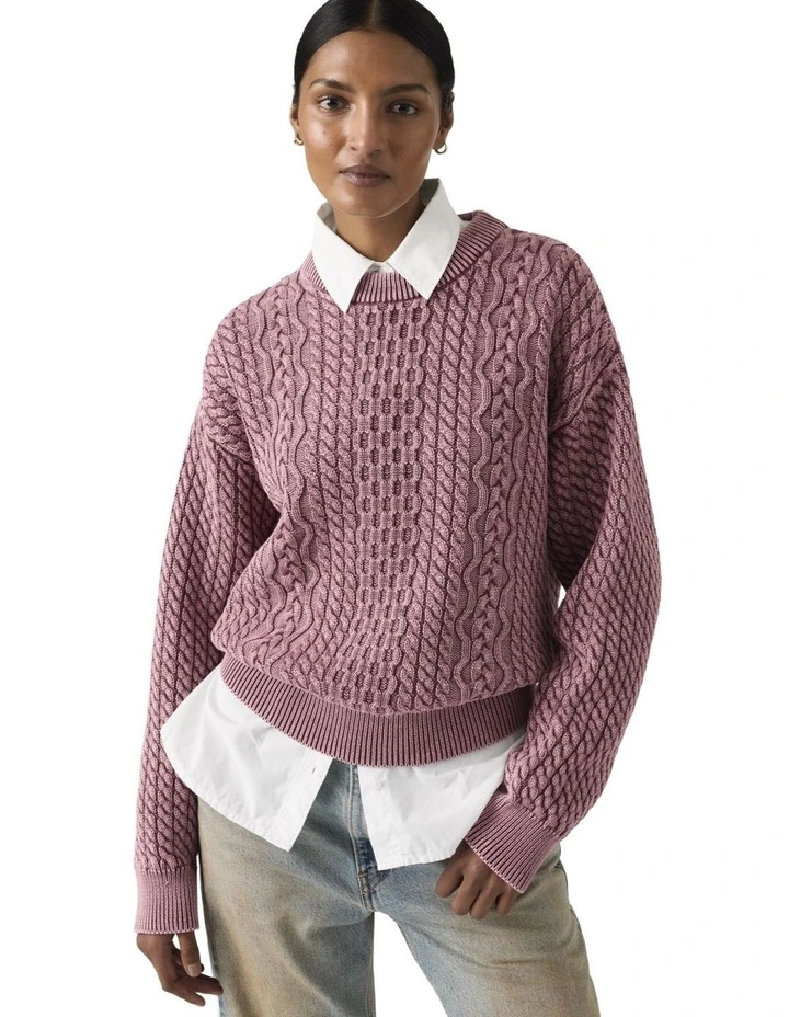 Leilah Cable Crewneck Sweater in Washed Crushed Berry image 1