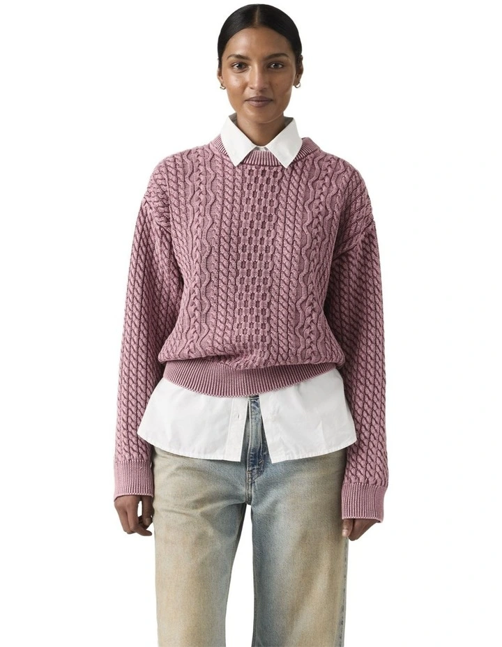 Leilah Cable Crewneck Sweater in Washed Crushed Berry image 4