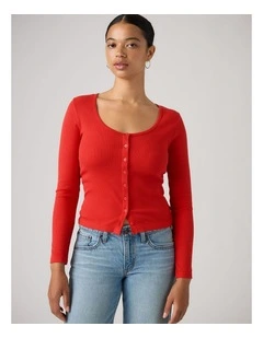 Austen Button-Up Long-Sleeve Top in True Red