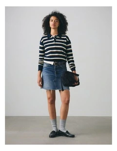 Supersoft Long-Sleeve Polo in Jade Stripe Navy Blazer