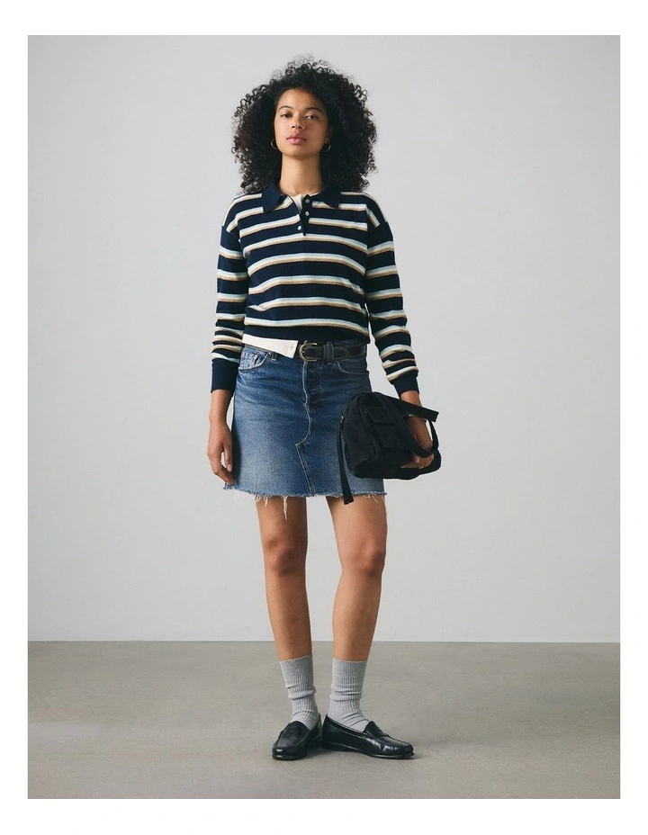 Supersoft Long-Sleeve Polo in Jade Stripe Navy Blazer image 1