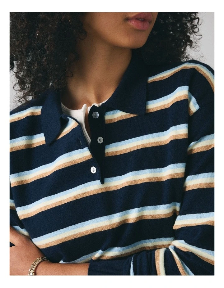 Supersoft Long-Sleeve Polo in Jade Stripe Navy Blazer image 3