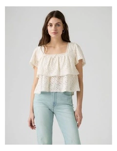 Dom Short-Sleeve Lace Blouse in Egret Lace