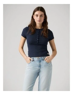 Dry Goods Pointelle Short-Sleeve Henley in Sonja Dot Navy Blazer
